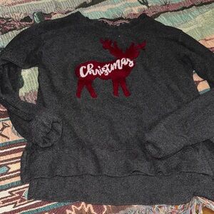 Gray Christmas Sweater with Red Reindeer Design